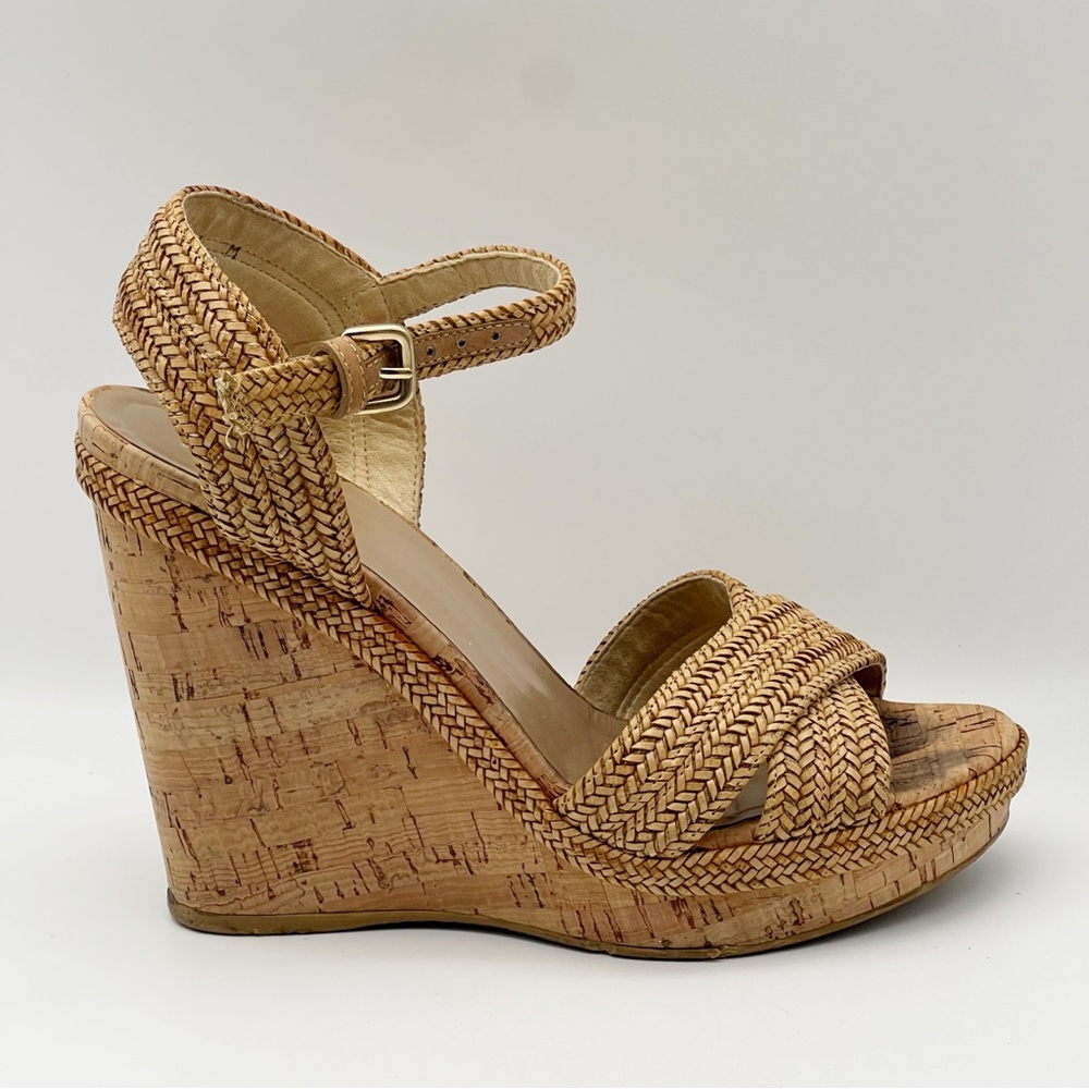 Stuart Weitzman Minx Tan Woven Leather Ankle Strap Cork Wedge Sandals Women’s 7 - Picture 16 of 16